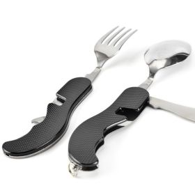 4 In 1 Outdoor Tableware Set Camping Cooking Supplies Stainless Steel Spoon Portable Fork Knife Multifunction Folding Portable Pocket Kits Bottle Open (Color: BLACK)