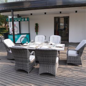 Direct Wicker Patio Fire Pit Dining Set 6-Seat Rectangular Aluminum Table with Rattan Chairs (Color: gray)